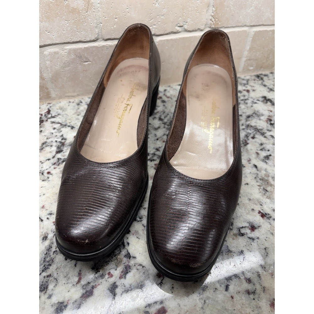 Salvatore Ferrago Boutique Brown Lizard Embossed Comfort Pumps 9.5B Excellent